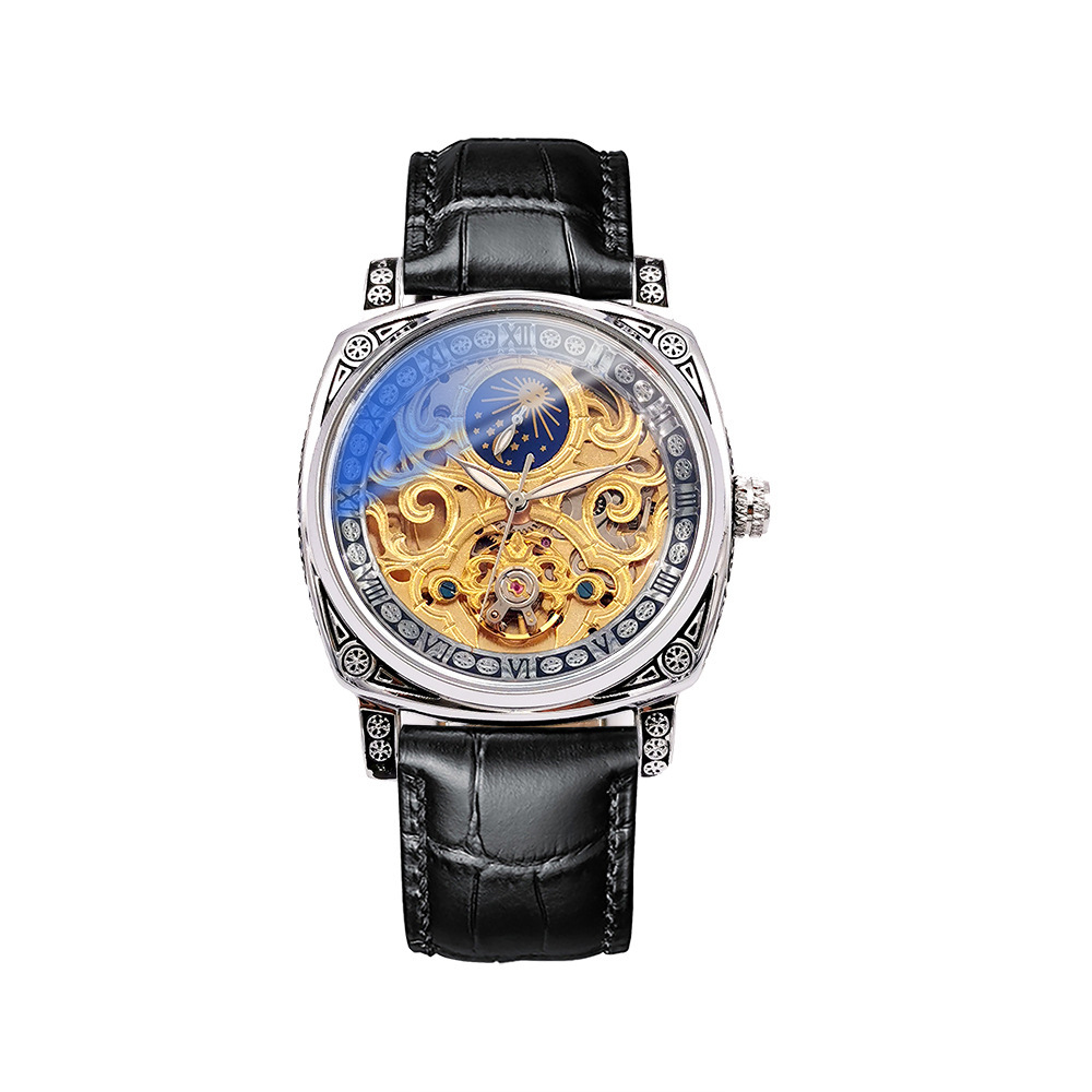Ogulas reloj mecánico automático cuadrado hueco transparente luminoso luna fase cuero casual hombres azul luz reloj