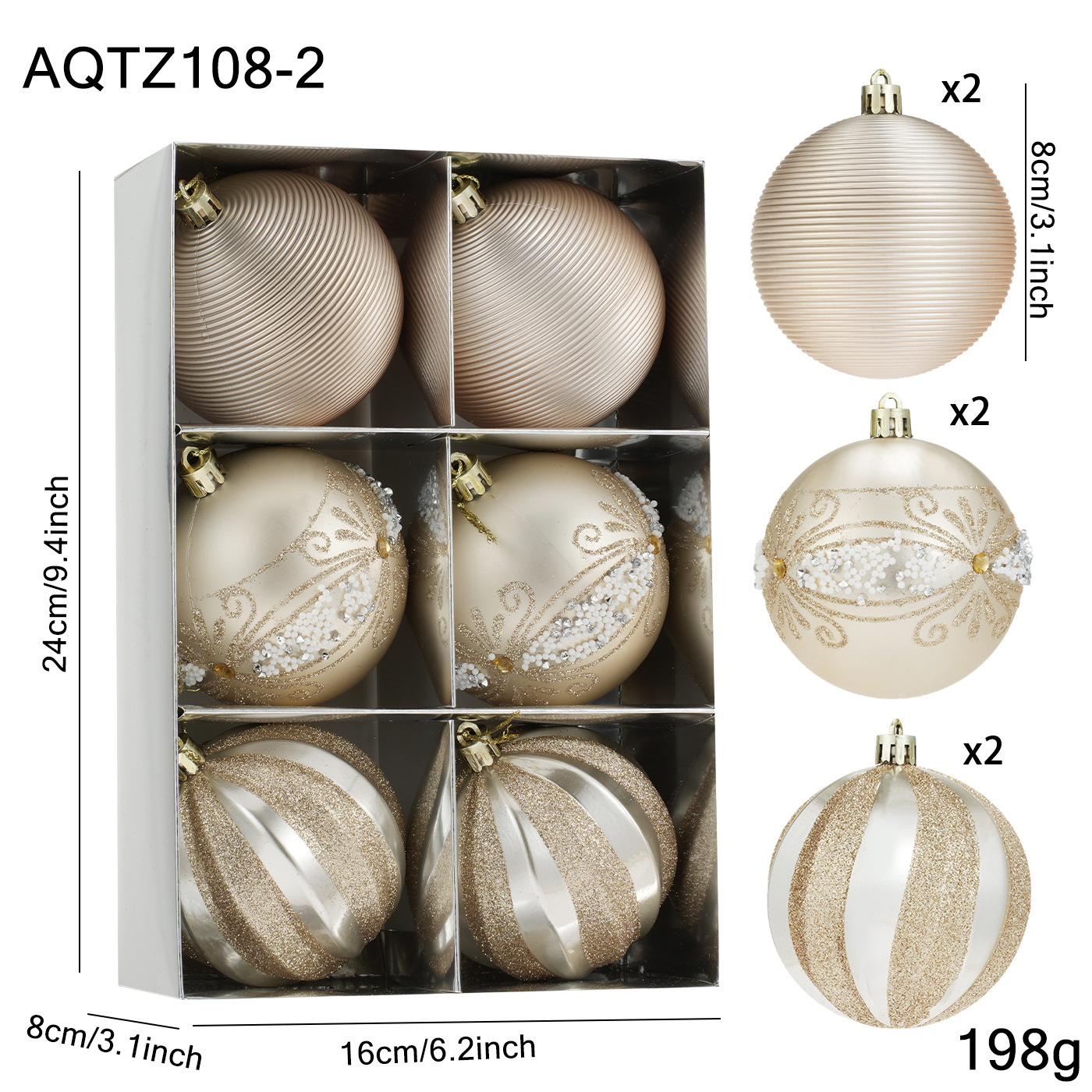 Nuevo producto 8CM bolas de Navidad en caja de color bolas de polvo adhesivo sequilla de plástico árbol de Navidad colgante decoración