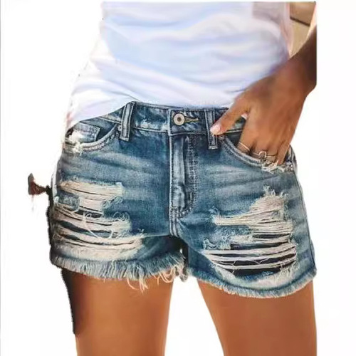 Elegant Commute Summer Short Pants, Washed High-Waisted Blue Dark Cotton Denim Women's Regular Jeans