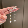 Retro advanced earrings from pearl with bow with tassels, french style, high-quality style, light luxury style