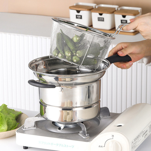 Stainless steel frying pan with tempered glass lid, multifunctional hot pot, tempura, single handle, deep frying pan