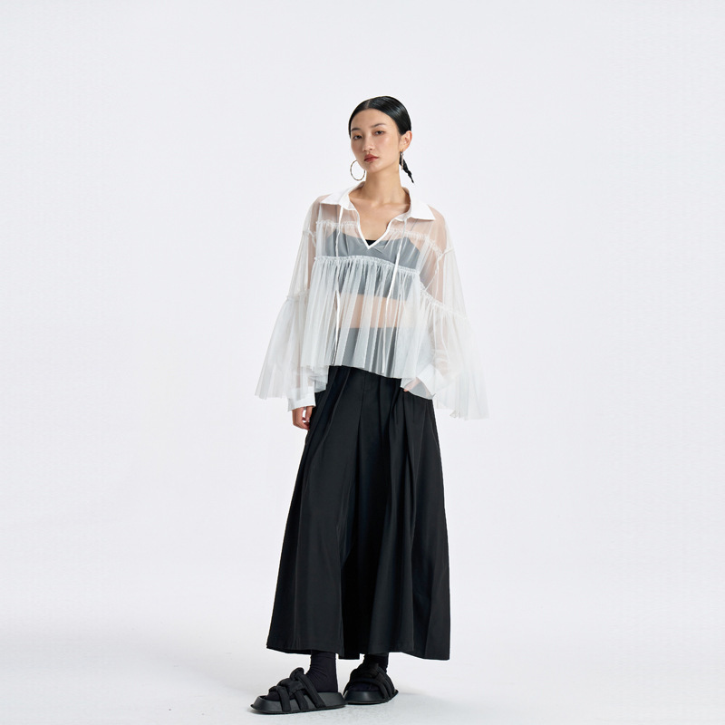 Yohji Yamamoto Style Sheer Mesh Doll Shirt 2026 Summer New Lace-Up Lapel Loose Slimming Short Top
