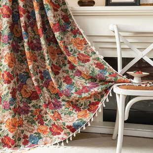 European Retro Finished Curtains Red Iris Jacquard Semi-Blackout Bay Window Curtains Living Room Light-Proof and Opaque