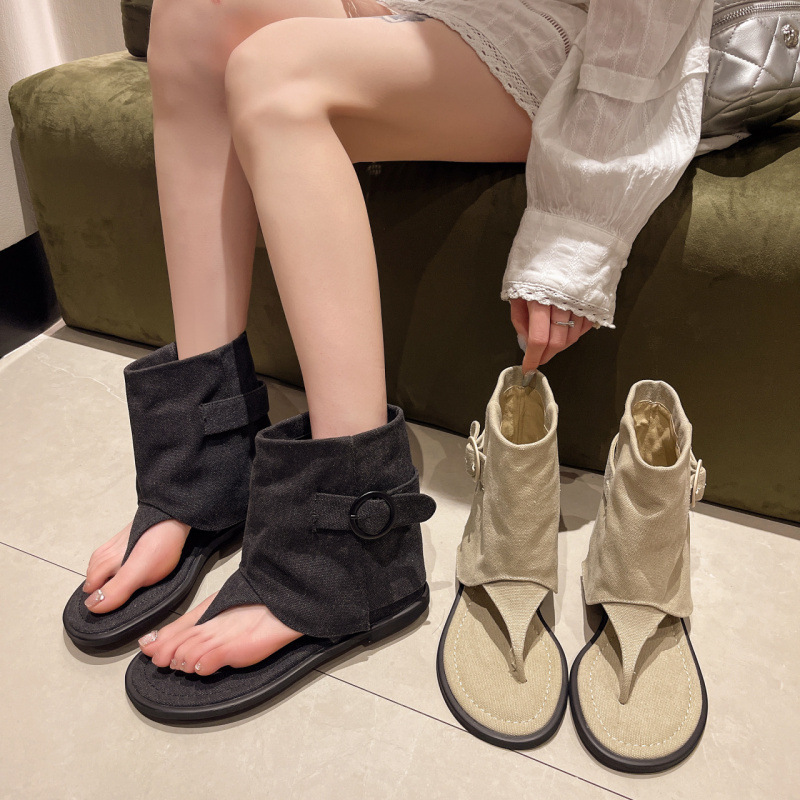 Korean Fashion 2025 Spring and Summer New Style Thong Buckle Ins French Loose Sleeve Short Trouser Tube Sandals for Women