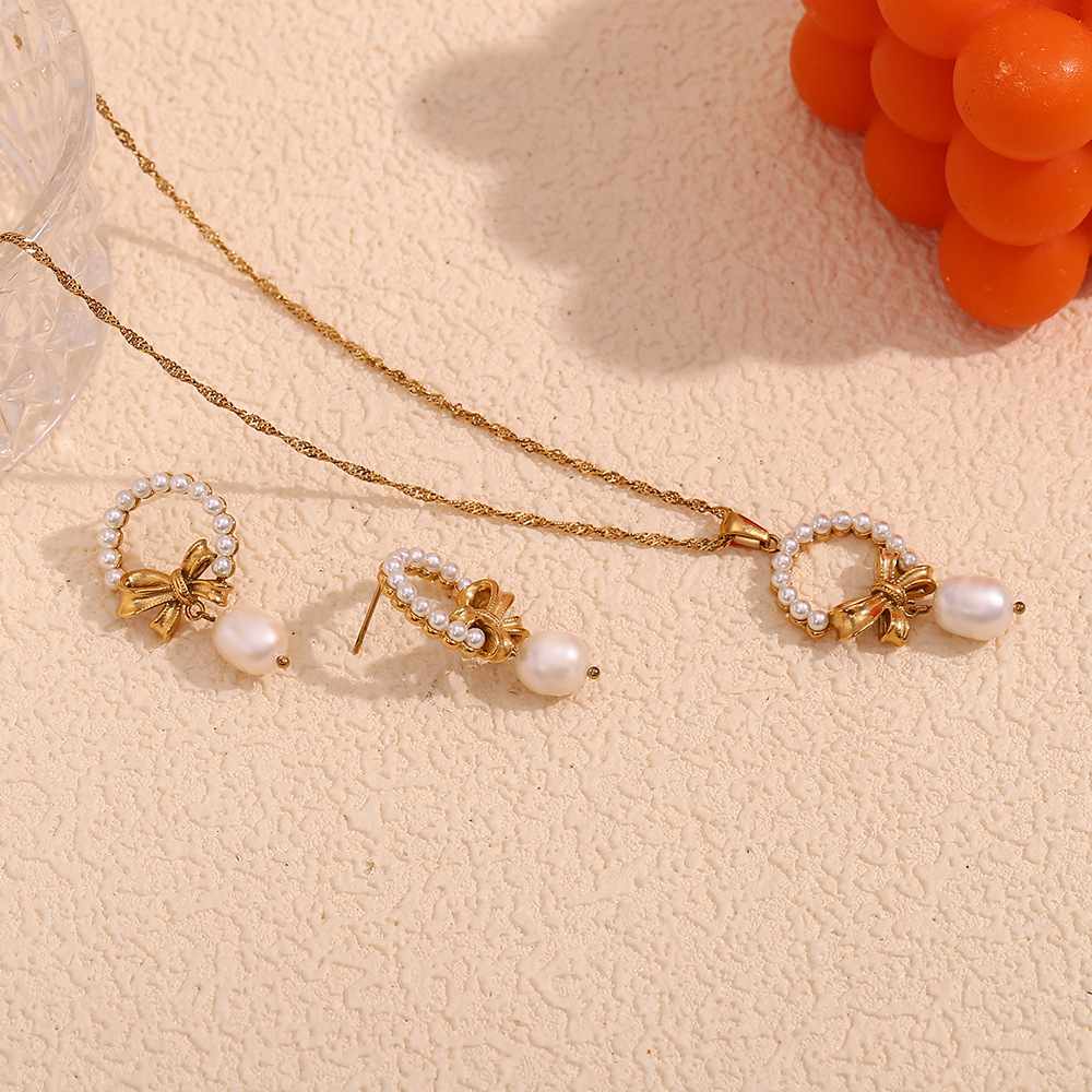 Fringe Pearl Bow Stainless Steel Necklace Earrings