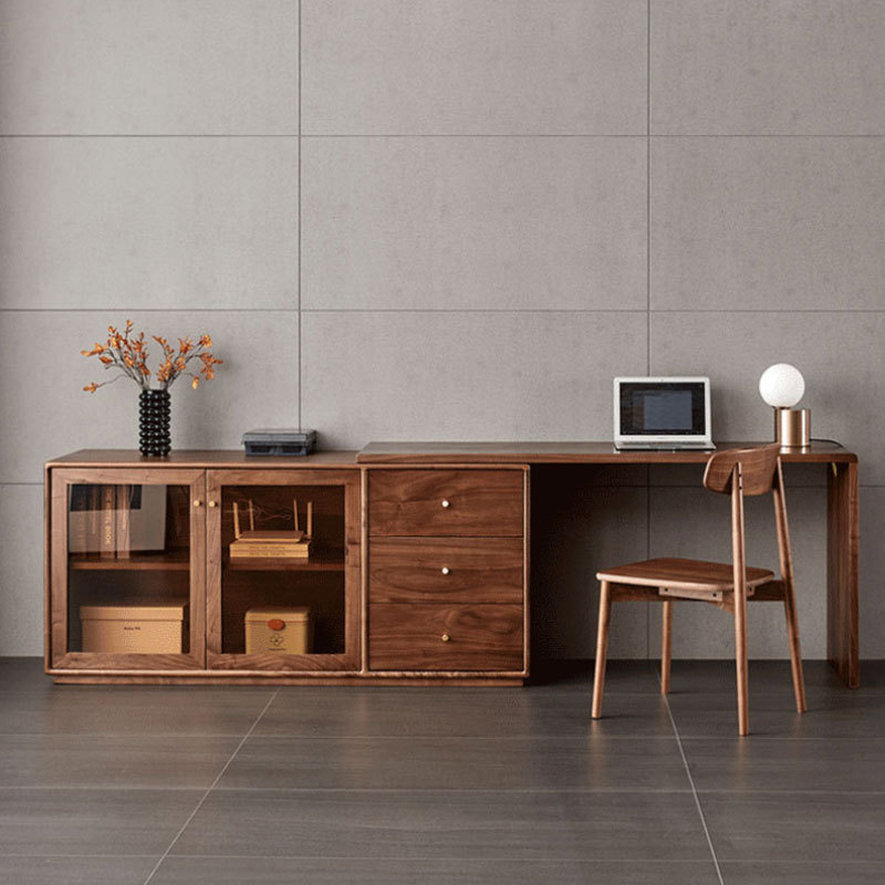 North American black walnut desk simple cherry multi-functional combination desk bookcase pure solid wood retractable corner