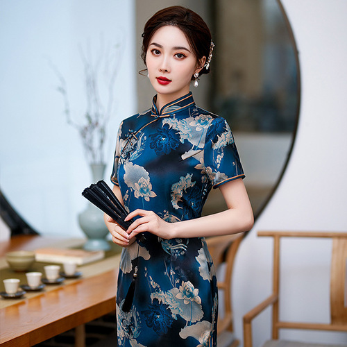 Retro Chinese Dress oriental Cheongsam for women long split party ink blue cheongsam improved qipao dress 