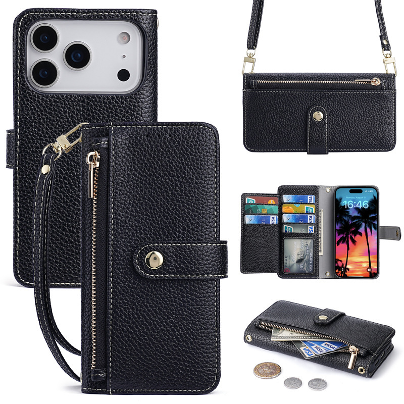 Cross-Border Applicable iPhone 16 Women's Zipper Wallet 15 Mobile Phone Leather Case Apple 17 Flip Cover Crossbody Phone Case