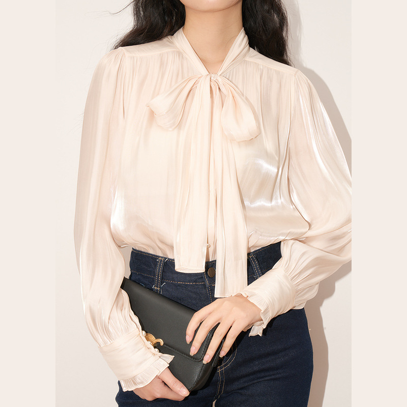 【Shengdu】26 Spring New Collection French Romantic Elegant Glossy Ribbon Tie Commuting Casual Chic Shirt