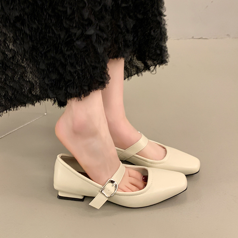 Elegant Square Toe Evening Style Shallow Mouth One-Strap Small Leather Low Heel Commuter Soft Sole Mary Jane Single_vogvips.com