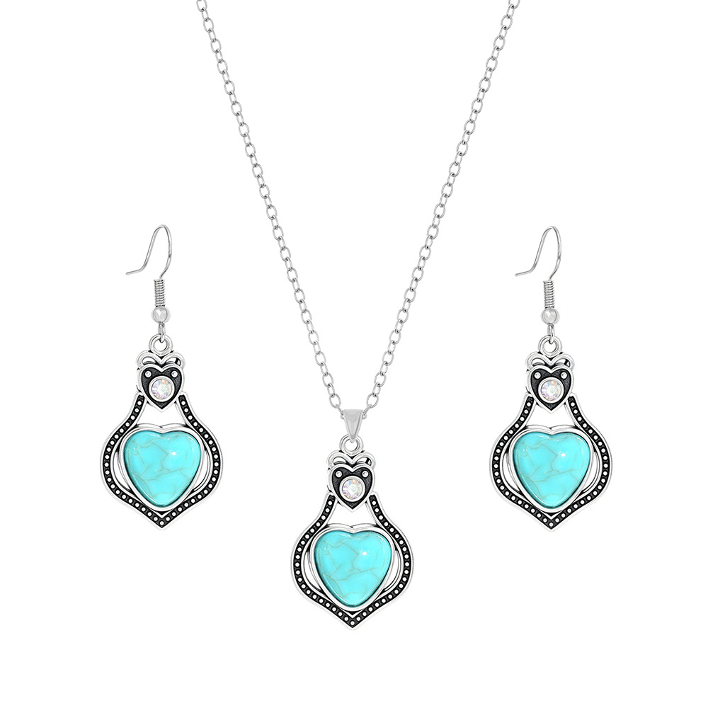 Cross-border Amazon popular estilo étnico pendientes europeos y americanos turquesa retro estilo nacional pendientes collar traje joyería