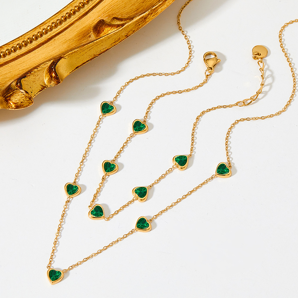Tender Goddess Sweet Love Luxurious Zircon Necklace Bracelet Versatile Slim Stainless Steel Sweater Chain Jewelry Set
