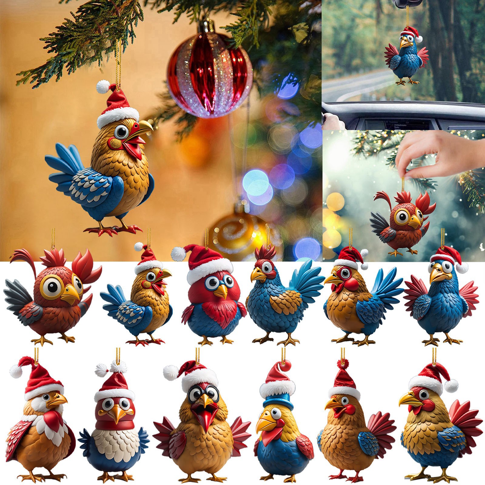 Christmas Creative Animal Chicken Rooster Series Pendant Christmas Tree Pendant Acrylic Hang Decorations display picture 1