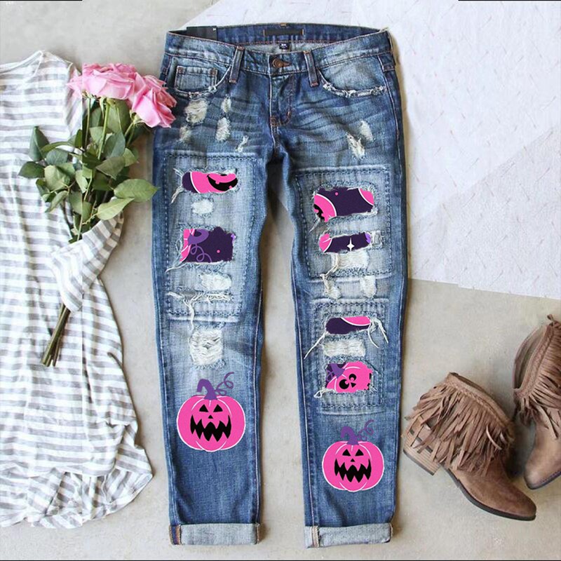 Europe and the United States cross-border in stock wholesale fashion new hole printed cloth washed waist straight tube women's jeans Europe and the United States cross-border in stock wholesale fashion new hole printed cloth washed waist straight tube women's jeans