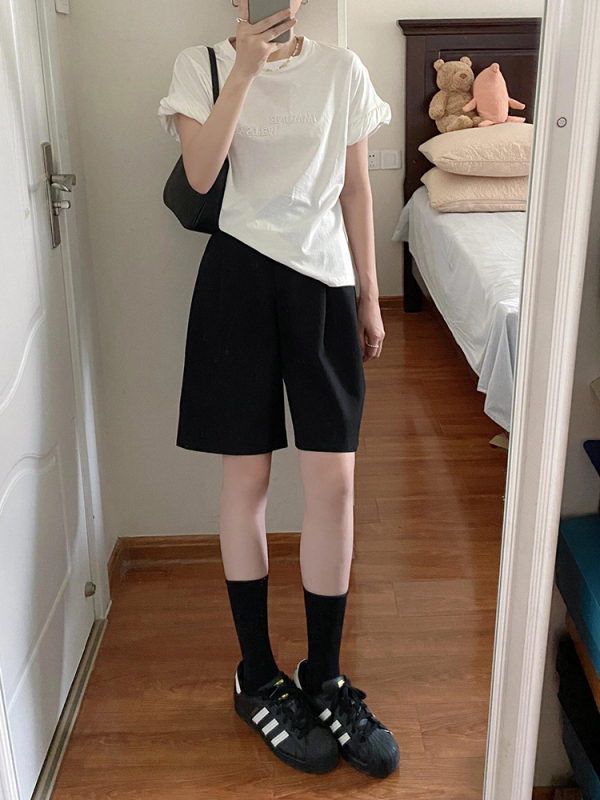 プラスサイズファットmm 5点スーツショーツ女性用2025春夏新作ハイウエストスリムルーズワイドレッグAラインカジュアルパンツ|undefined