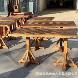老榆木拼花茶桌客厅茶几桌民宿原木吧台桌家用餐桌风化木板材