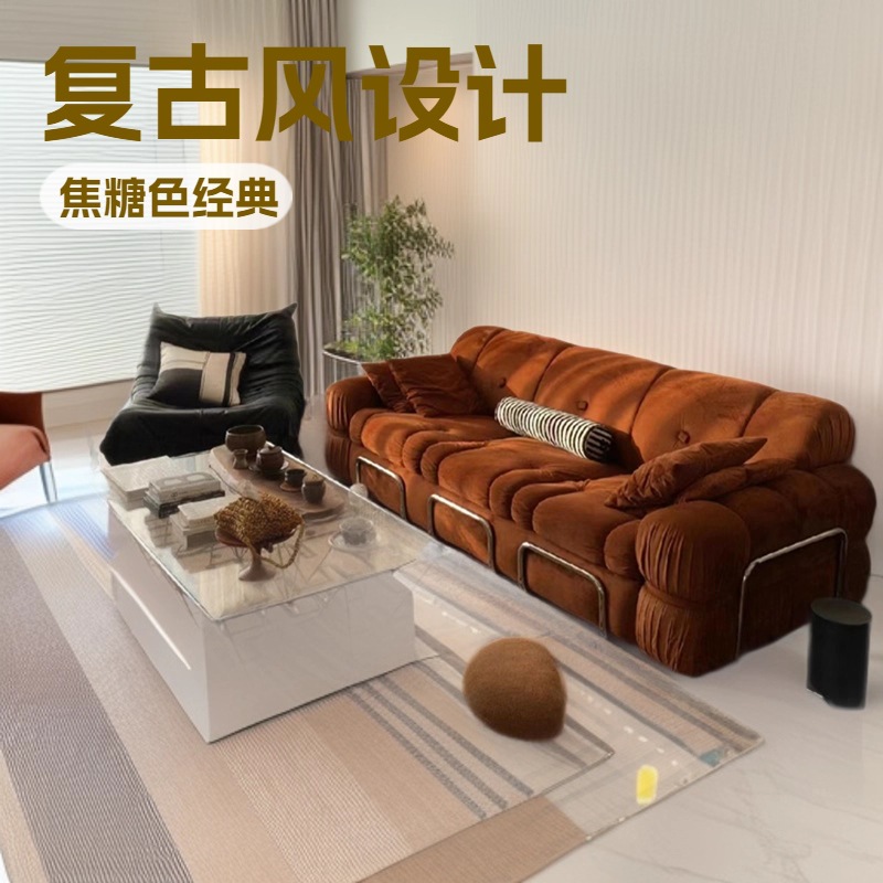 Nordic Light Luxury Retro Steel Tooth Velvet Fabric Sofa Italian Mid-Century Style Villa Living Room Small Apartment Three-Seater