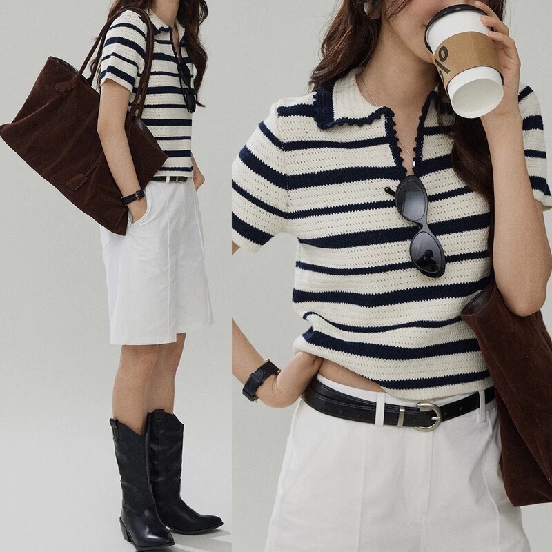 Joli Chose Contrasting Color Striped Knitted Short-Sleeved T-Shirt for Women Summer Polo Collar Casual Work Clothing Versatile Top