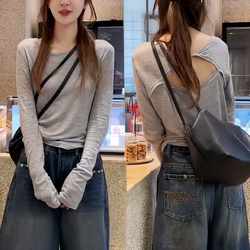 Modal Cotton ~ Gray Sun Protection Long-Sleeved T-Shirt for Women New Summer Thin Design Back Cut Out Loose Top Modal Cotton ~ Gray Sun Protection Long-Sleeved T-Shirt for Women New Summer Thin Design Back Cut Out Loose Top