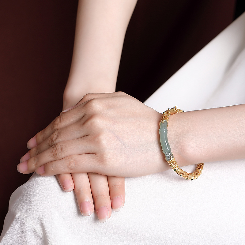 Vòng tay bạc S925 mạ vàng chạm khắc họa tiết mây lành Ruyi lá tre — Kiểu mạ bạch kim