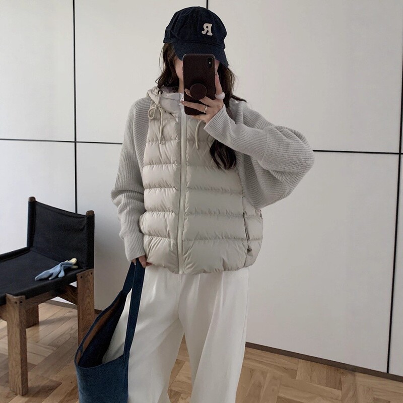 Lightweight Knitted Sweater Sleeves Paired with down Cotton Jacket for Women, Short Style, New Winter 2026 Model for Petite Figures