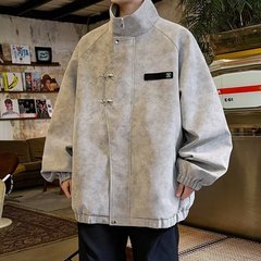 扎染灰色新中式皮衣男生开春外套防水防风立领盘扣工装飞行员夹克