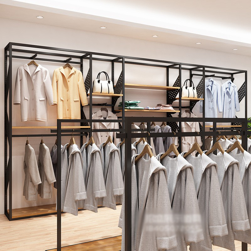 Retro tienda de ropa estante de exhibición percha de hierro de pie estante de la isla media de las mujeres tienda de ropa estante de exhibición