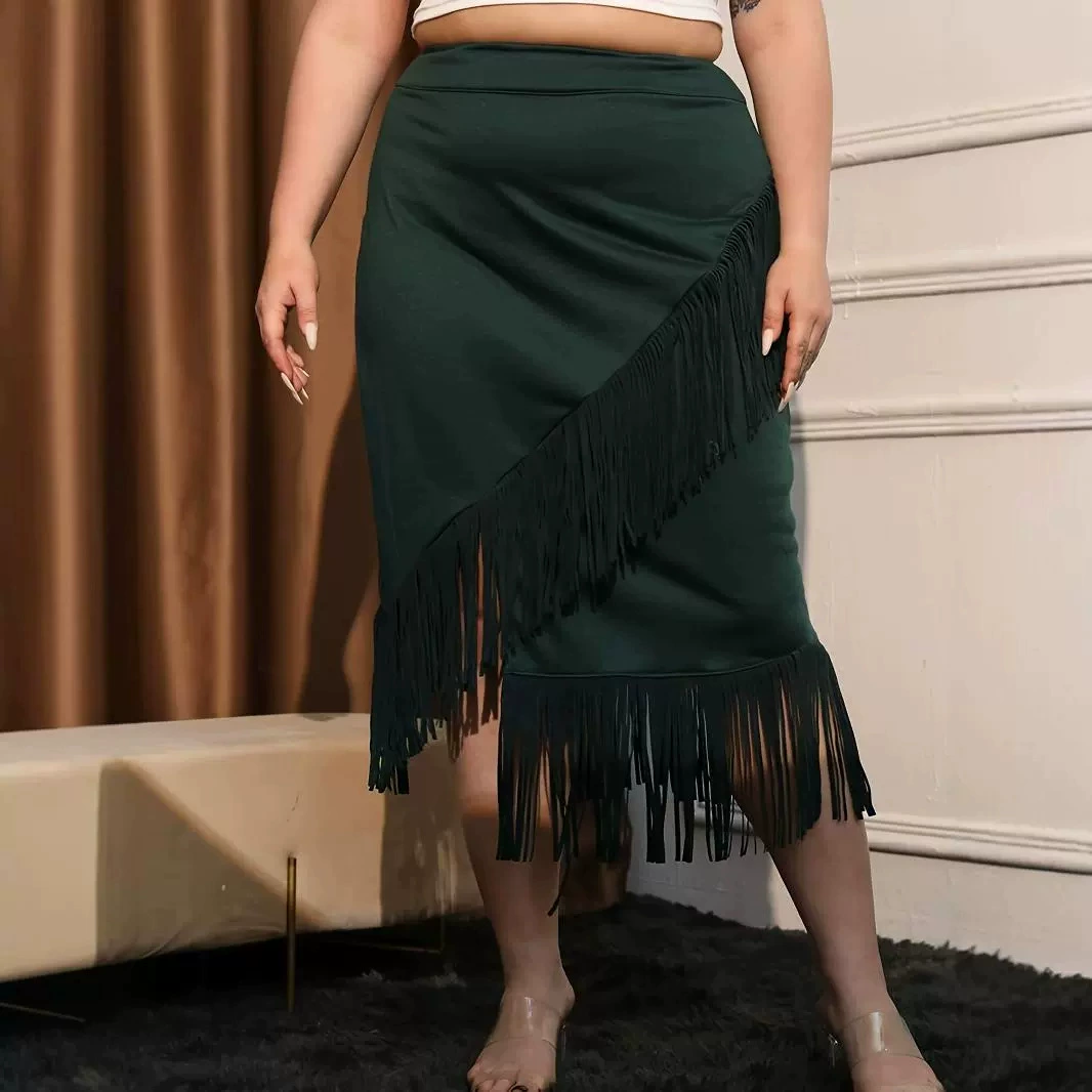 Новая юбка с бахромой, женская юбка средней длины, европейско-американский стиль, женская одежда для Amazon, юбка с высокой талией, больших размеров, облегающая, сексуальная, темно-зеленая