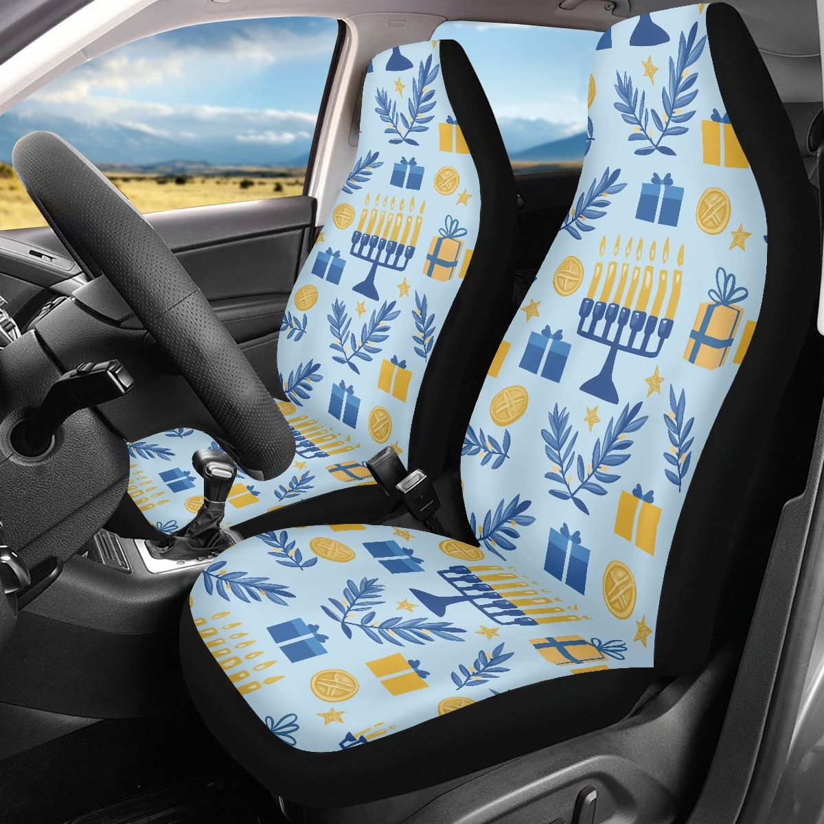 Amazon's best-selling car seat covers feature a Hanukkah candle print design and are custom-made with a non-slip backing. This set includes two pieces for the front seats