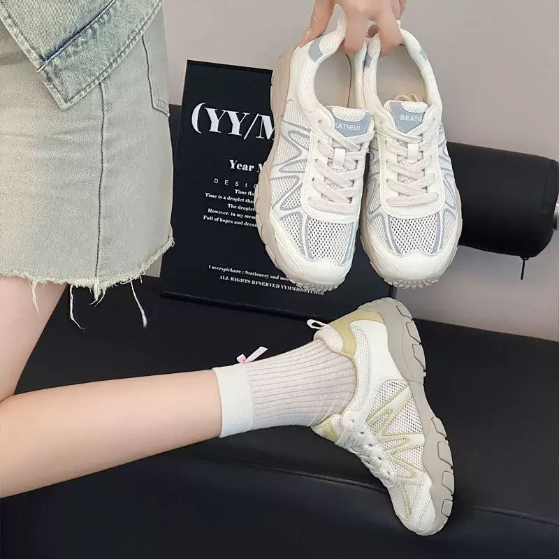 网面透气厚底拼色潮流德训鞋女2025夏季新款休闲百搭轻便阿甘鞋