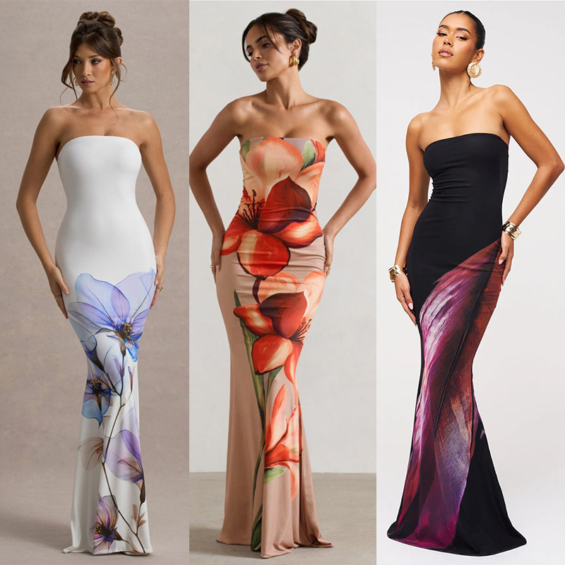 Amazon Cross-Border European and American Clothing Sexy Printed Slim Tube Top Waist Backless Long Fishtail Dress Amazon Cross-Border European and American Clothing Sexy Printed Slim Tube Top Waist Backless Long Fishtail Dress