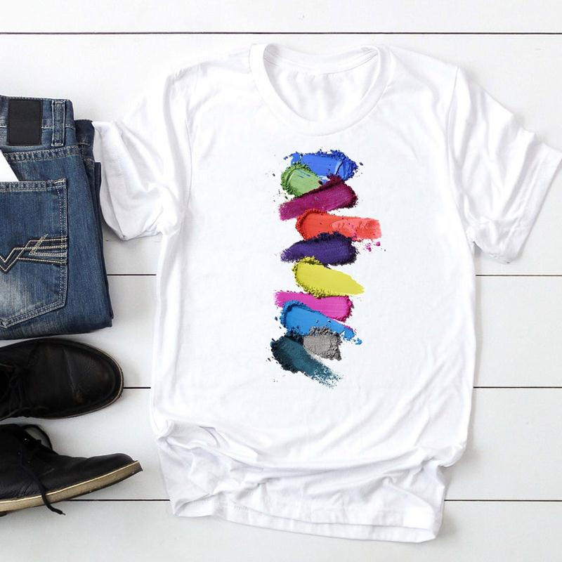 2022 New Women's T-shirt Short-sleeved Distinctive Nail Polish Printed Casual Round Neck All-match T-shirt White Top ins