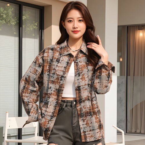 Women's Spring and Autumn Season Casual Loose Retro Print Check Shirt, American Trend Top