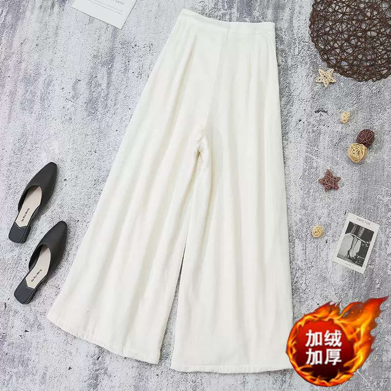 Новинка Осень-зима 9007, настоящие штаны с широкими штанинами из хлопка и льна на флисовой подкладке, женские свободные прямые брюки с драпировкой, утолщенные льняные брюки