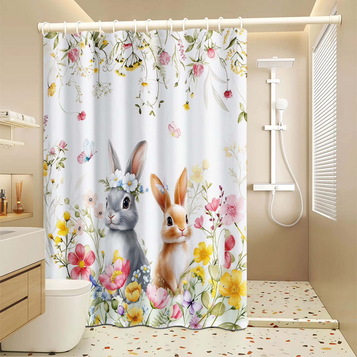 Cross-border Floral Shower Waterproof And Mildew-proof, No-drill Bathroom Partition Curtain, Hanging Curtain_voghion.com
