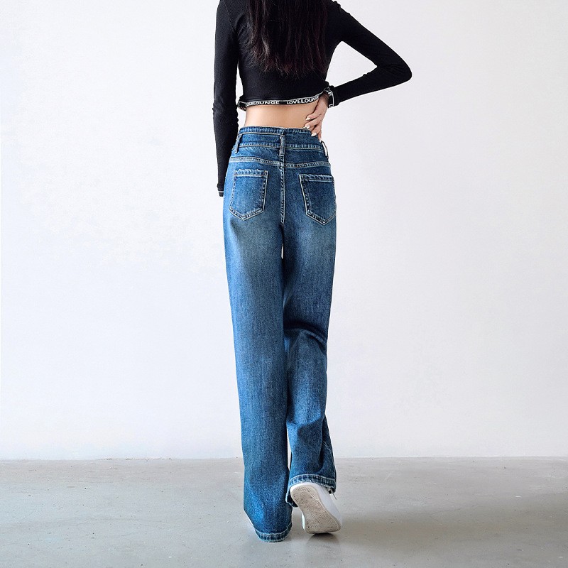 Qishang 2022 autumn and winter new high-waisted jeans women loose slimming pendant sense straight wide leg jeans women