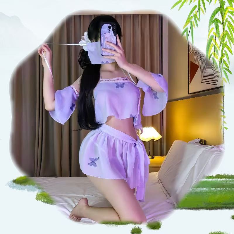 Purple Butterfly Antique Hanfu Costume Lingerie Set with Connective Stockings — detail image 3