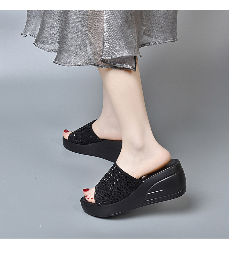 Dép sandal nữ đế xuồng đính đá tăng chiều cao — Màu đen chi tiết 4