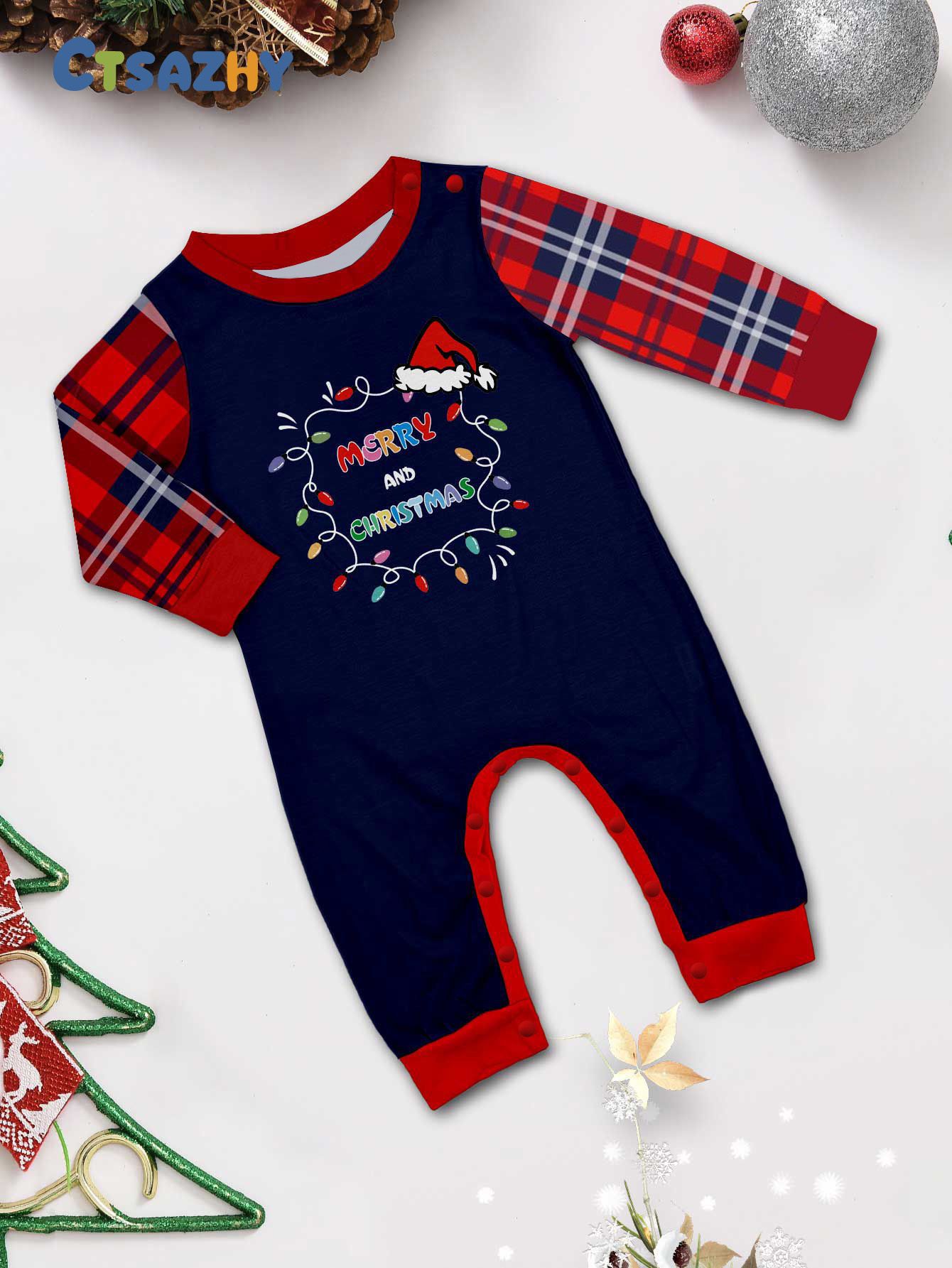 Chapeau de Père Noël alphabet lumineux avec vêtements de famille de Noël imprimés vêtements de maison pyjamas_voghion.com