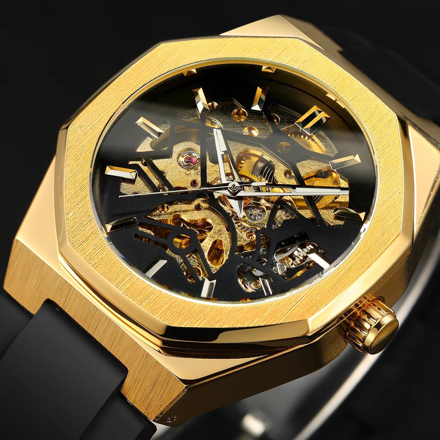 Men's Mechanical Skeleton Watch Silver Automatic Rubber Strap_voghion.com
