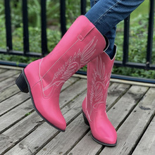 欧美外贸大码秋冬新款刺绣骑士靴女尖头方跟绣花跨境长靴wish批发