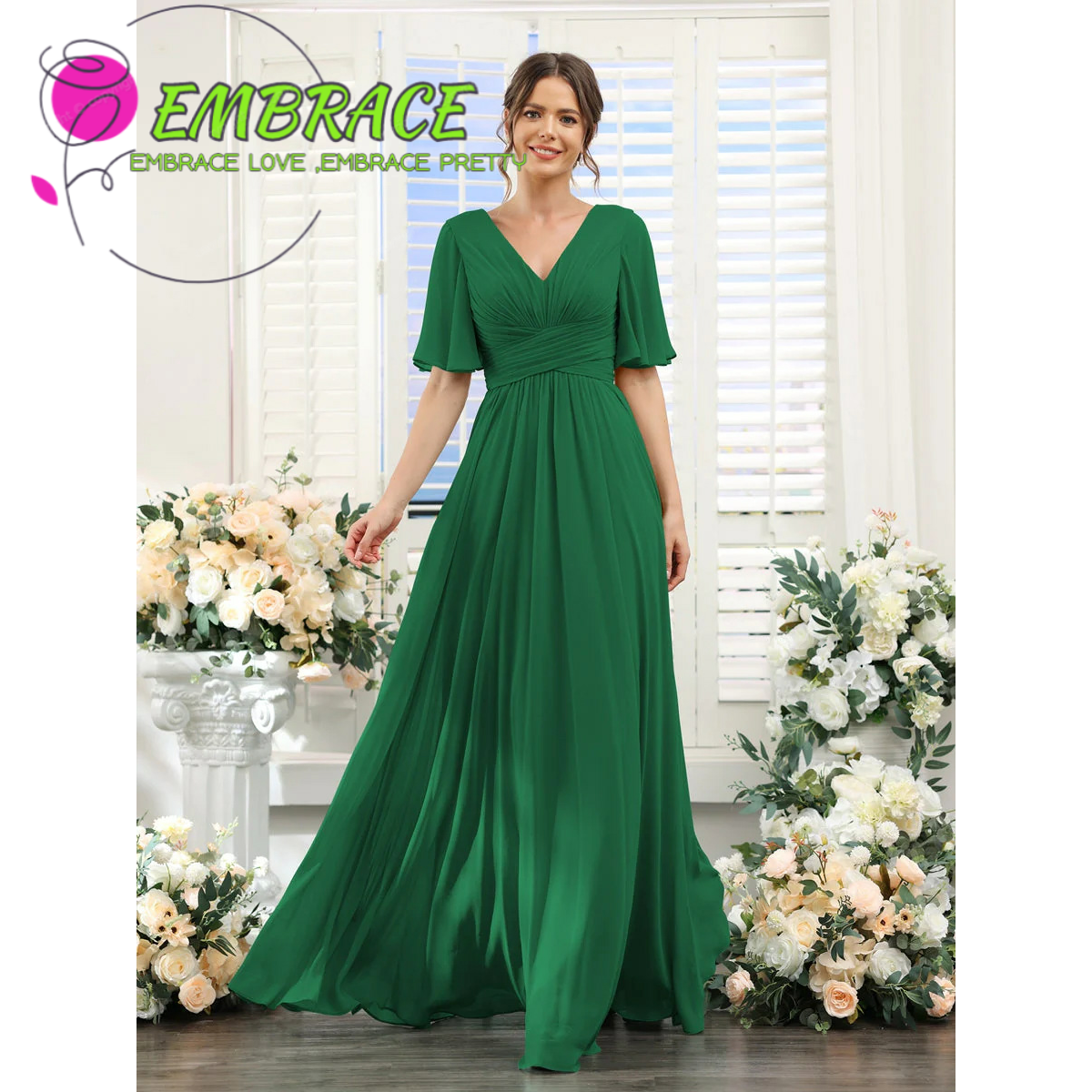 Verano nuevo vestido de noche de chiffon europeo y americano V-collar mangas mariposa novia vestido de damas de honor anfitriona de la fiesta vestido largo