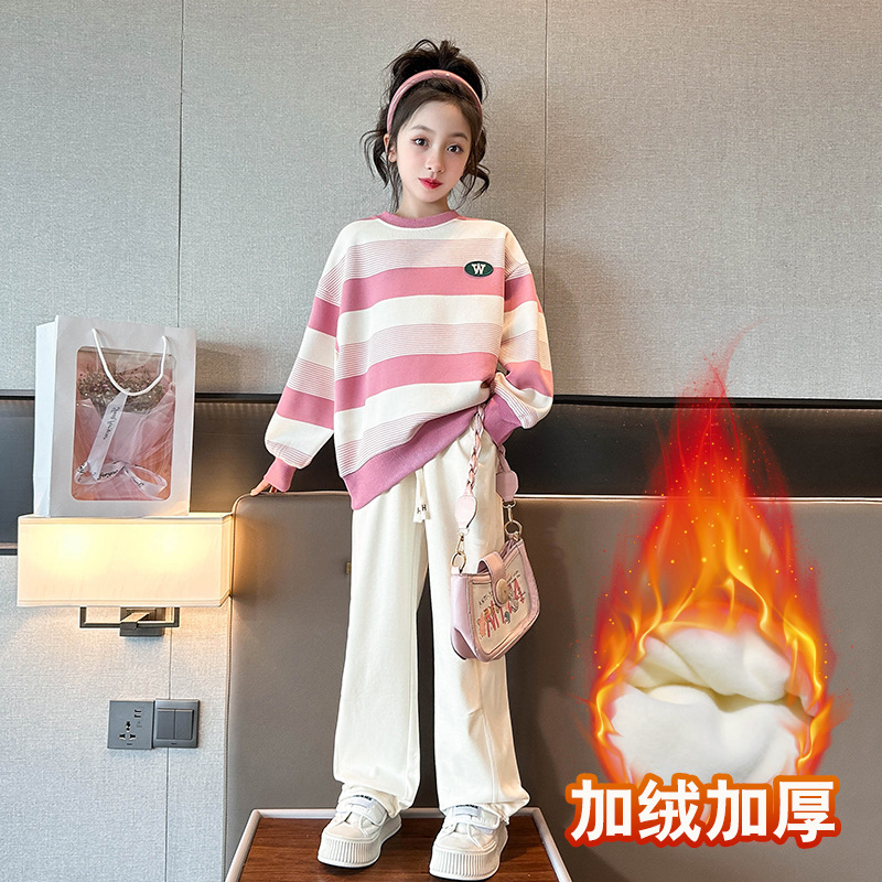 W 스트라이프 기모 땀-핑크