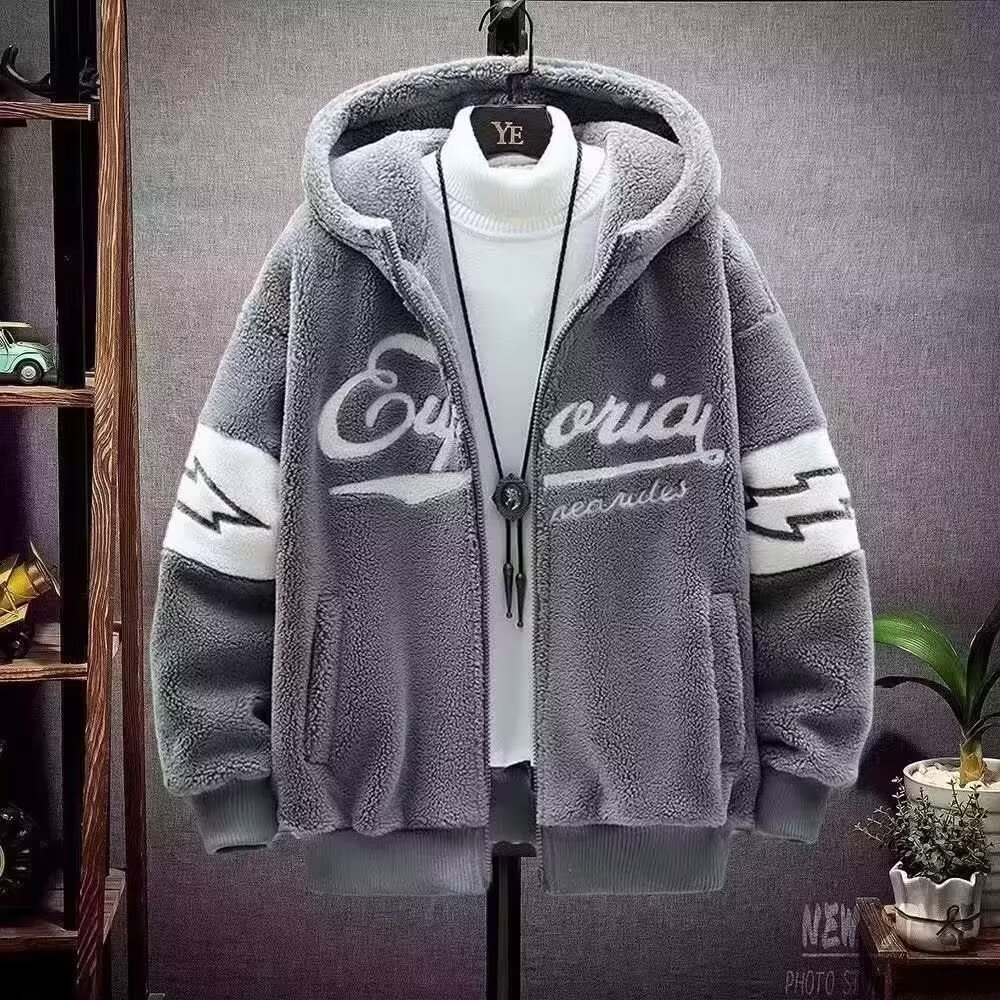 Men's fleece-lined winter coat for teenagers, thick hooded, trendy and warm, suitable for junior high, high school, and college students.