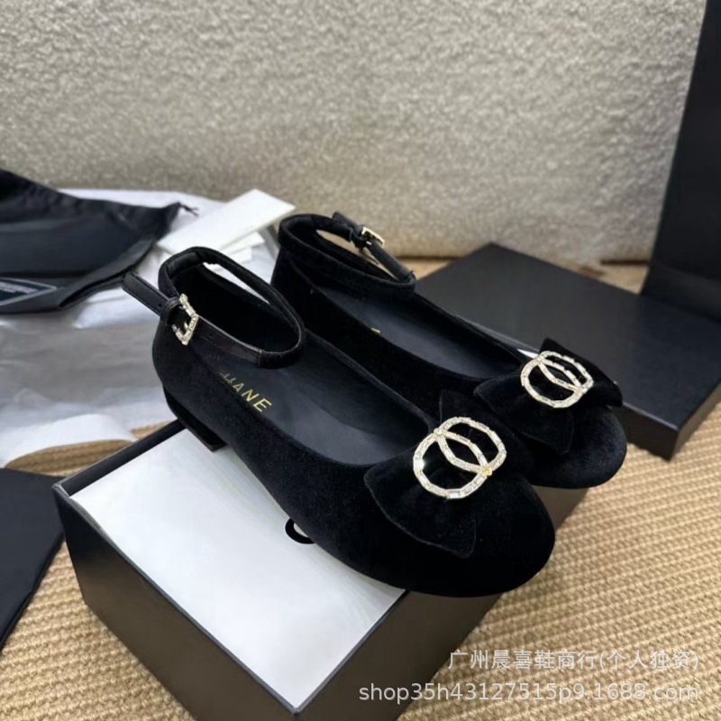 Chanel-Style 2026 Spring New Model Swan Black Velvet Rhinestone Buckle Bow Mary Jane Ballet Shoes for Women
