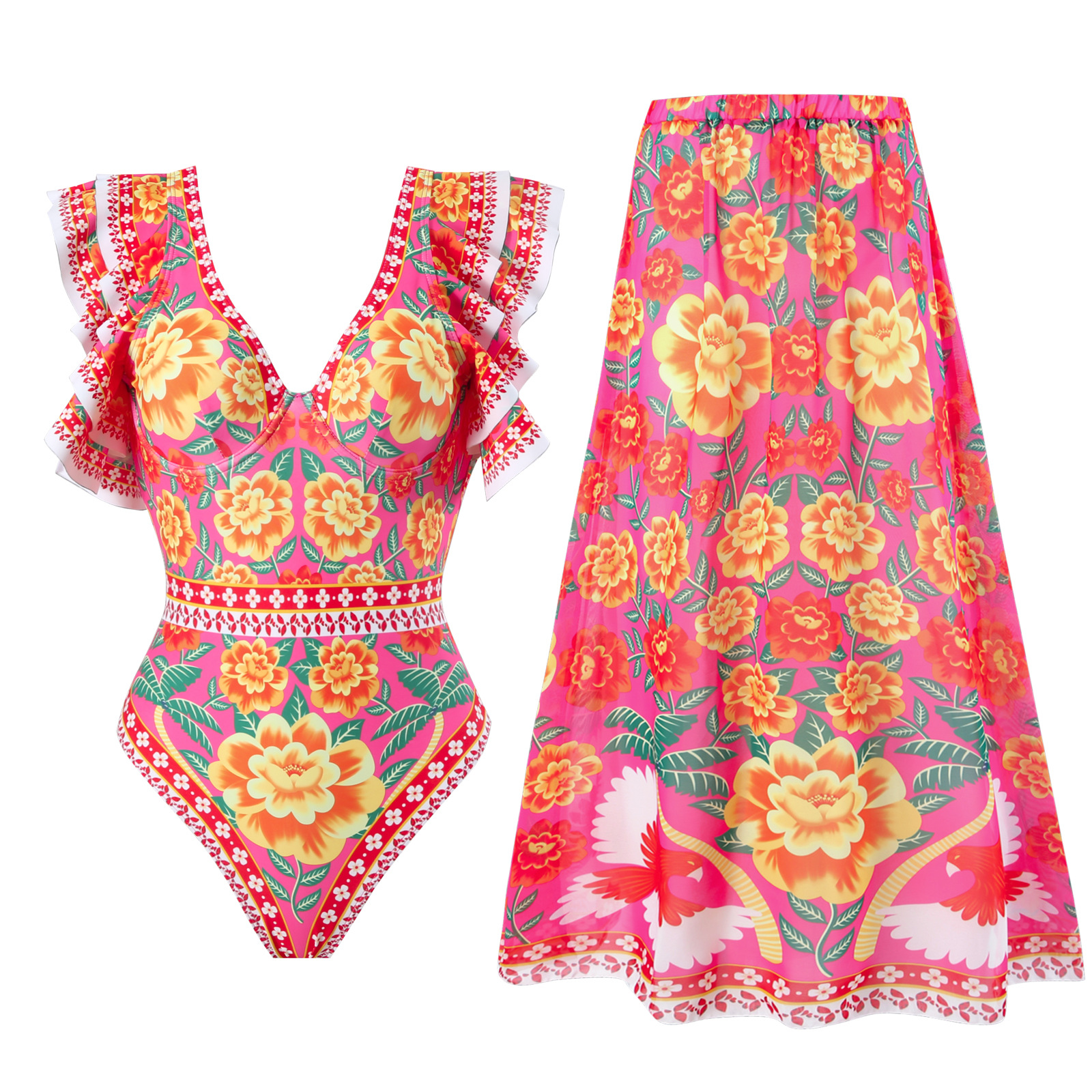 154g Weight Sleeveless Sleeve Length Polyester Fabric Type Regular Top Length One-pieces Tops Type 2 Pieces Set Quantity Swimming Occasion V Neck Neckline Slim Fit Type Printing, Ditsy Floral Pattern Women's Gender Elegant Style Women's Elegant Printing Ditsy Floral 2 Pieces Set One Piece Swimwear 1
