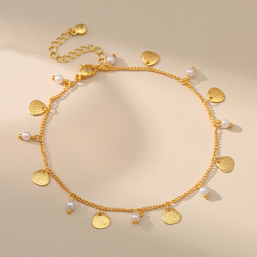 Elegant 18K Real Gold Plated Pearls Beaded Anklet Chain with Unique Small Shell Pendant, French Beach Style Design