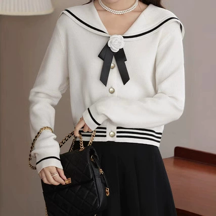 Модный полосатый цветной блок 2025 весна-осень новый корейский стиль студенческий вязаный кардиган с лацканами.