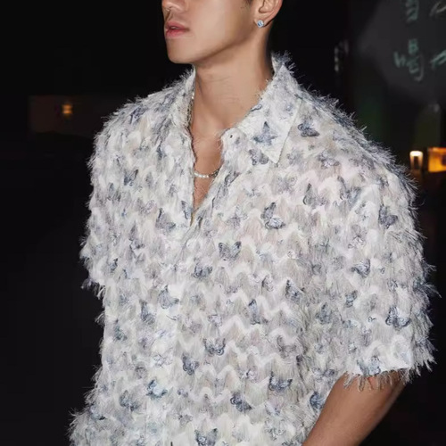 American Retro Butterfly Print Loose Short Sleeve Shirt Jacket Men Fashion Summer 3D Fringe Original Shirt