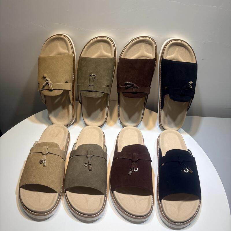 Suede Soft Leather Old Money Style Home and Outdoor Wear High-Value Soft Surface Comfortable Lightweight Summer Slide Slippers for Men and Women X